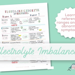 Puede incluir: Una guía de estudio manuscrita sobre desequilibrios electrolíticos. Incluye síntomas y rangos de referencia para condiciones como Natremia, Cloremia, Caliemia y Calcemia. El título "Electrolyte Imbalances" se muestra de forma destacada.