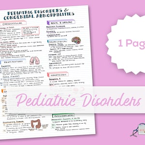 May include: A pink and white printable study guide with the title "Pediatric Disorders & Congenital Abnormalities". The guide lists various disorders and abnormalities categorized by body system, including cardiovascular, respiratory, renal & urology, neurological, hematologic, and musculoskeletal.