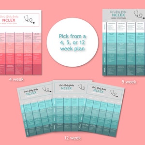 May include: A study guide for the NCLEX exam with a stethoscope icon. Choose from a 4, 5, or 12 week study plan. The guide is color-coded with pink, blue, and gray.