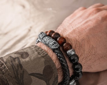 Brutal Genuine Leather Bracelet, Black Leather Bracelet, Braided Leather, Charm Bracelet, Lion Bracelet RICHIE