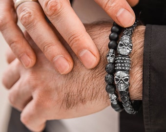 Bracelet tête de mort homme bracelet noir cuir véritable tressé cuir noir bracelet à breloques PUNK