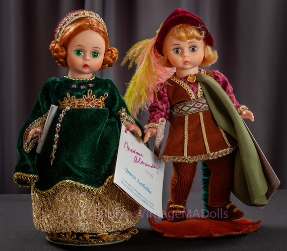 Christopher Columbus & Queen Isabella, 8" LE 1992 Madame Alexander Dolls, Original boxes, special wrist tags, Ann Rast stands, RESTRUNG