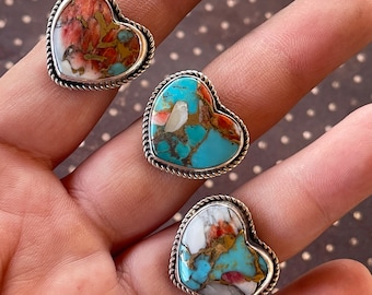 Navajo Handmade; Sterling Silver Heart Rings; Turquoise Spiny Oyster Composite;