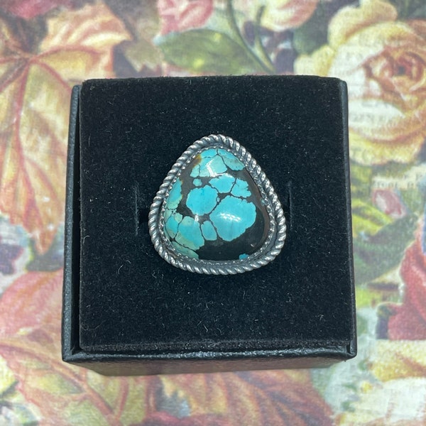 Hubei Turquoise Ring; Navajo Handmade; Sterling Silver; Size 6