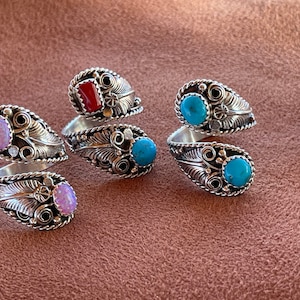 Navajo Handmade Leaf and Swirl Design Rings; Sterling Silver Adjustable
