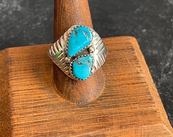 Navajo Handmade Rings; Turquoise on Sterling Silver; Mens Two-Stone Ring