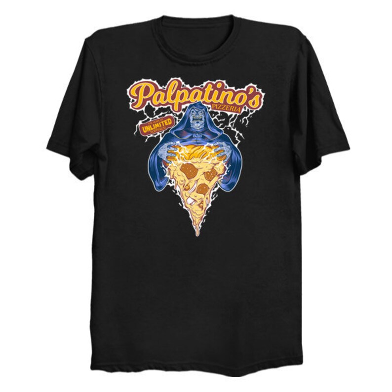 May include: Black t-shirt with a graphic of a dark figure holding a large pizza slice. The text "Palpatine's Pizzeria" and "Unlimited" are on the shirt.