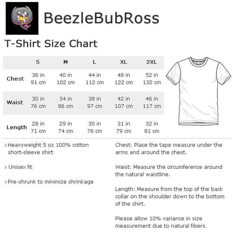 May include: T-shirt size chart with measurements in inches and centimeters for sizes S, M, L, XL, and 2XL. The chart includes measurements for chest, waist, and length. The chart also includes information about the fabric and fit of the shirt.