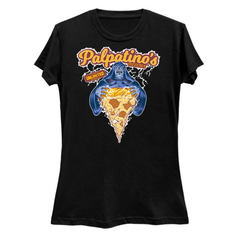 May include: Black t-shirt with a graphic of a dark figure holding a pizza slice. The text "Palpatine's Pizzeria" and "Unlimited" are on the shirt.
