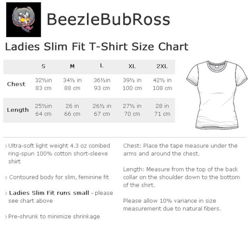 May include: Size chart for women's slim fit t-shirts. The chart shows measurements in inches and centimeters for chest and length. The chart includes sizes S, M, L, XL, and 2XL. The chart also includes information about the fabric and fit of the shirts.