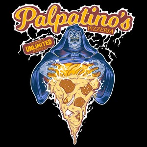 May include: A dark blue hooded figure with a menacing expression holds a large slice of pizza with cheese, pepperoni, and other toppings. The pizza is dripping with cheese and sauce. The text "Palpatine's Pizzeria" and "The home of unlimited toppings!" is visible in the image.