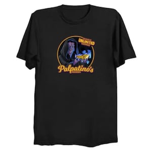 May include: A black t-shirt with a graphic of a cartoon character holding a pizza slice. The graphic is in a circle with the text "Palpatine's Pizzeria" and "Unlimited Toppings" in yellow.