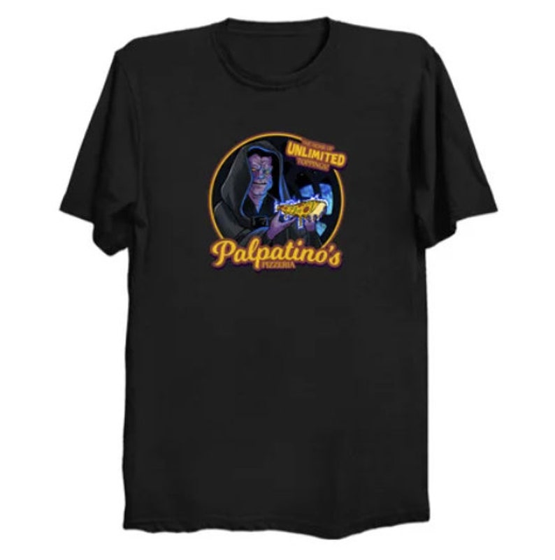 May include: A black t-shirt with a graphic of a cartoon character holding a pizza slice. The graphic is in a circle with the text "Palpatine's Pizzeria" and "Unlimited Toppings" in yellow.