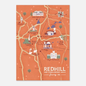 Skurrile Redhill Map Poster - Illustrierte Stadt Kunst für Wohnkultur