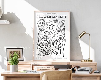 Boho Flower Market Line Art Poster, Minimalist Line Drawing, Ideal Home Decor or Gift Print