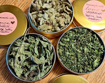 Home Grown Herb Trio: Holy Basil, Mullein, Spearmint | Handpicked Organic Tea | Herbal Witchcraft Supply | Dried Altar Spell Charm Component
