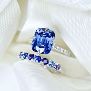 Neptune 11x9mm Step Cut Elongated Cushion Blue Lab Sapphire & Diamond Engagement ring on 14K White gold