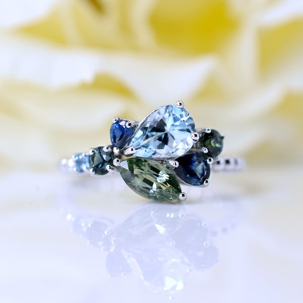 MINE 2.10 ct.+ Sapphire and Aquamarine Cluster ring on 14K gold