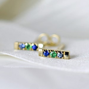 Seaside studs Emerald & Blue Sapphire Stud Earrings on 14K Yellow gold