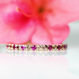 Sunrise Ruby, Pink & Peach Sapphire band ring on 14K rose gold