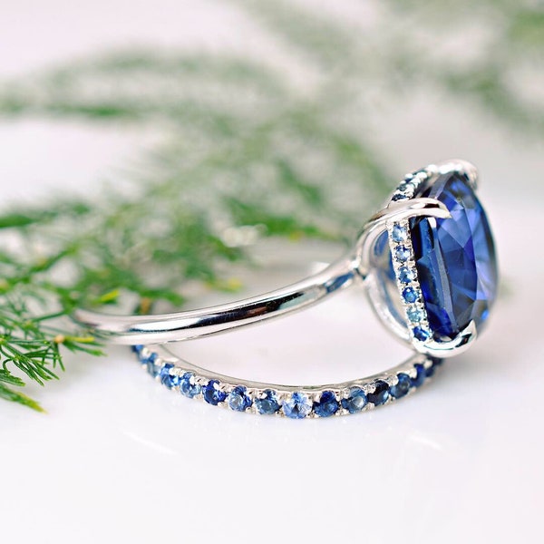 Indigo 4.40 ct. Elongated Cushion Blue Lab Sapphire Engagement ring on 14K White gold