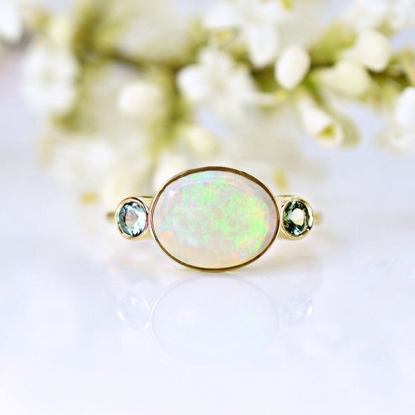 KARMA Oval Opal and Green Sapphire ring on 14K yellow gold
