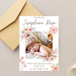 Anúncio de bebê editável para e-mail | Cartão de anúncio de nascimento para impressão personalizável com modelo de foto | Cartão de felicitações para bebê menina