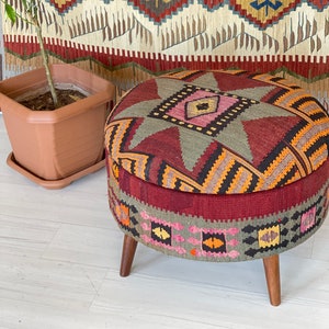 kilim Ottoman stool /kilim ottoman/Kilim trunk /Beech wood stool /Vintage furniture /Ottoman chair /Kilim round stool/Kilim ottoman /
