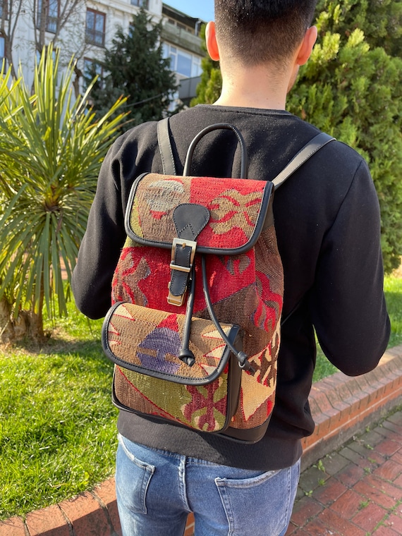 Vintage Kilim Backpack, Wool & Leather Knapsack, Unisex Bag  display picture 2