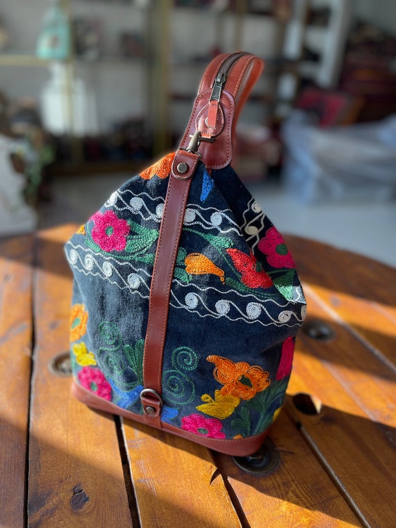 Uzbekistan Suzani Bag, Handmade Embroidery, Genuine Leather