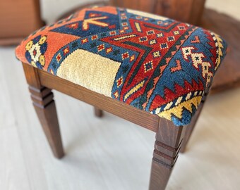 Vintage carpet Ottoman stool,  foot rest, Beech wood stool,  Vintage furniture, Ottoman chair, vinatage carpet chair