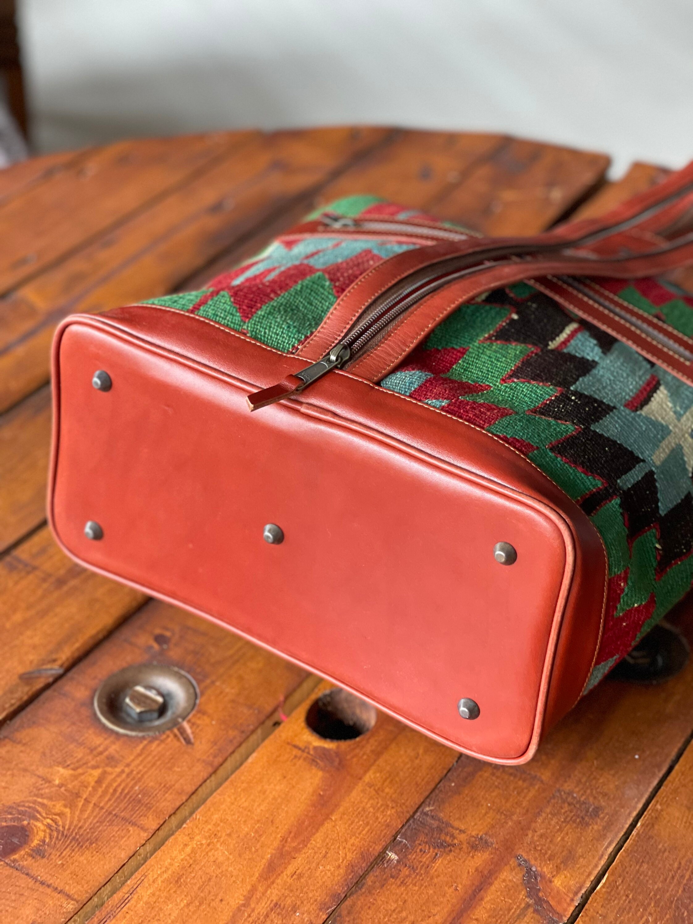 Vintage Kilim Backpack, Large Wool and Leather Bag, Unisex Knapsack Vintage Kilim Backpack, Large Wool and Leather Bag, Unisex  main image 2