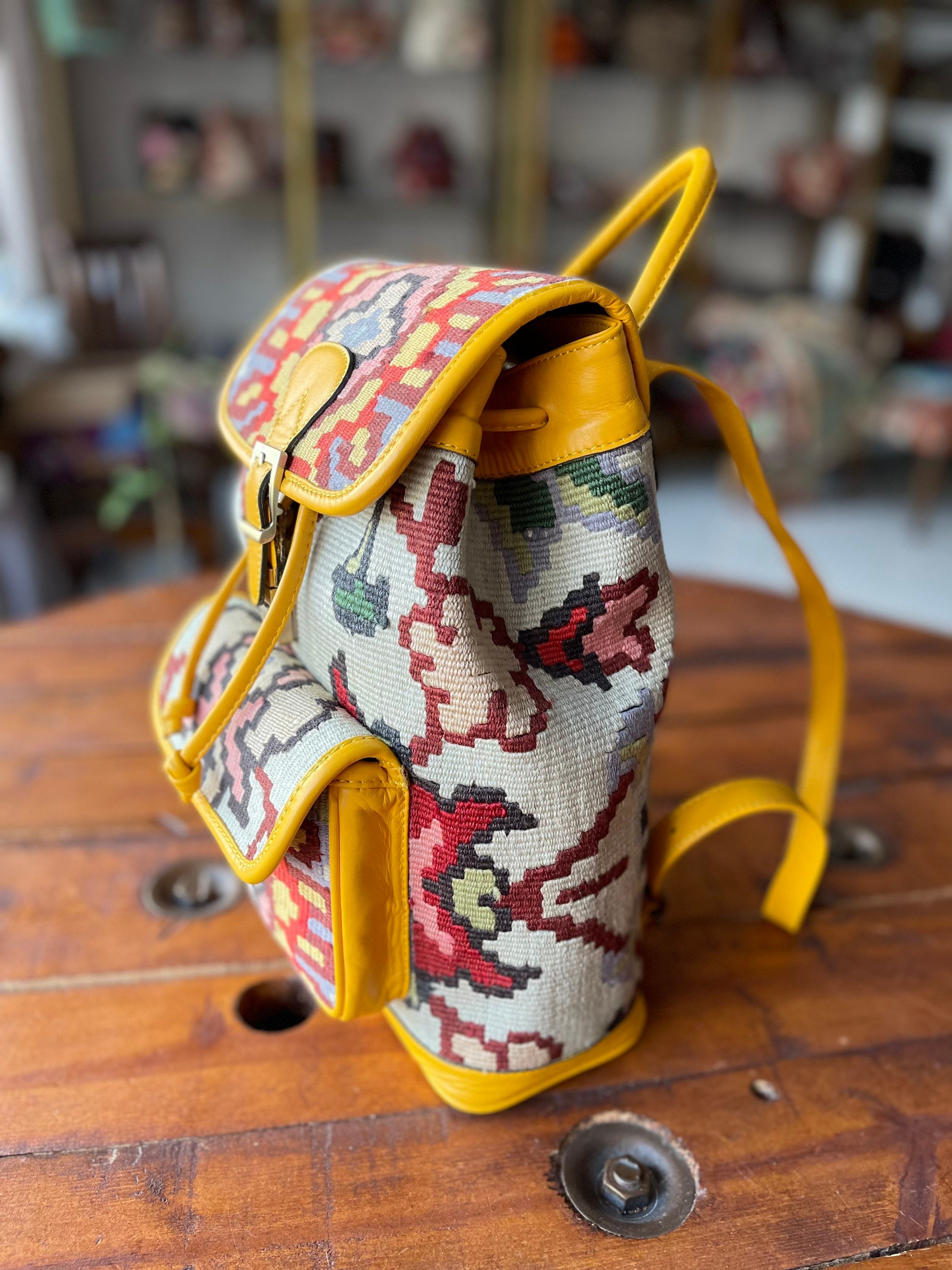 Vintage Kilim Backpack, Wool and Leather Knapsack, Unisex  display picture 3
