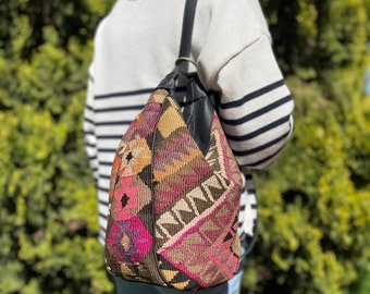 Kilim bag, Kilim Shoulder bag, Crossbody bag, Sling bag, Transforming bag, Vintage Kilim and Genuine Leather, Gift for Mother’s Day