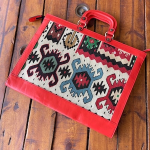 Kelim Aktentasche, Kelim Businesstasche, Kilim Tasche, Handtasche, Vintage Kilim und Echtleder
