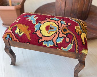 Vintage Kilim Ottoman Stool, Beech Wood Legs, Shellac Polish