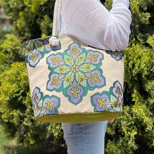 Gobelin Tapestry bag with zippered, Gobelin tote bag, Gobelin woven tote bag, Turkish traditional tiles Pattern, Gift for her