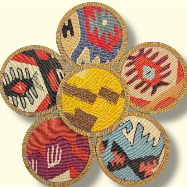 Vintage Kilim Coaster Set, Turkish Kilim Coasters, Handmade Wool Coasters, Boho Table Decor, Assorted Coaster Set, Set of 4 6 8 12 16 24