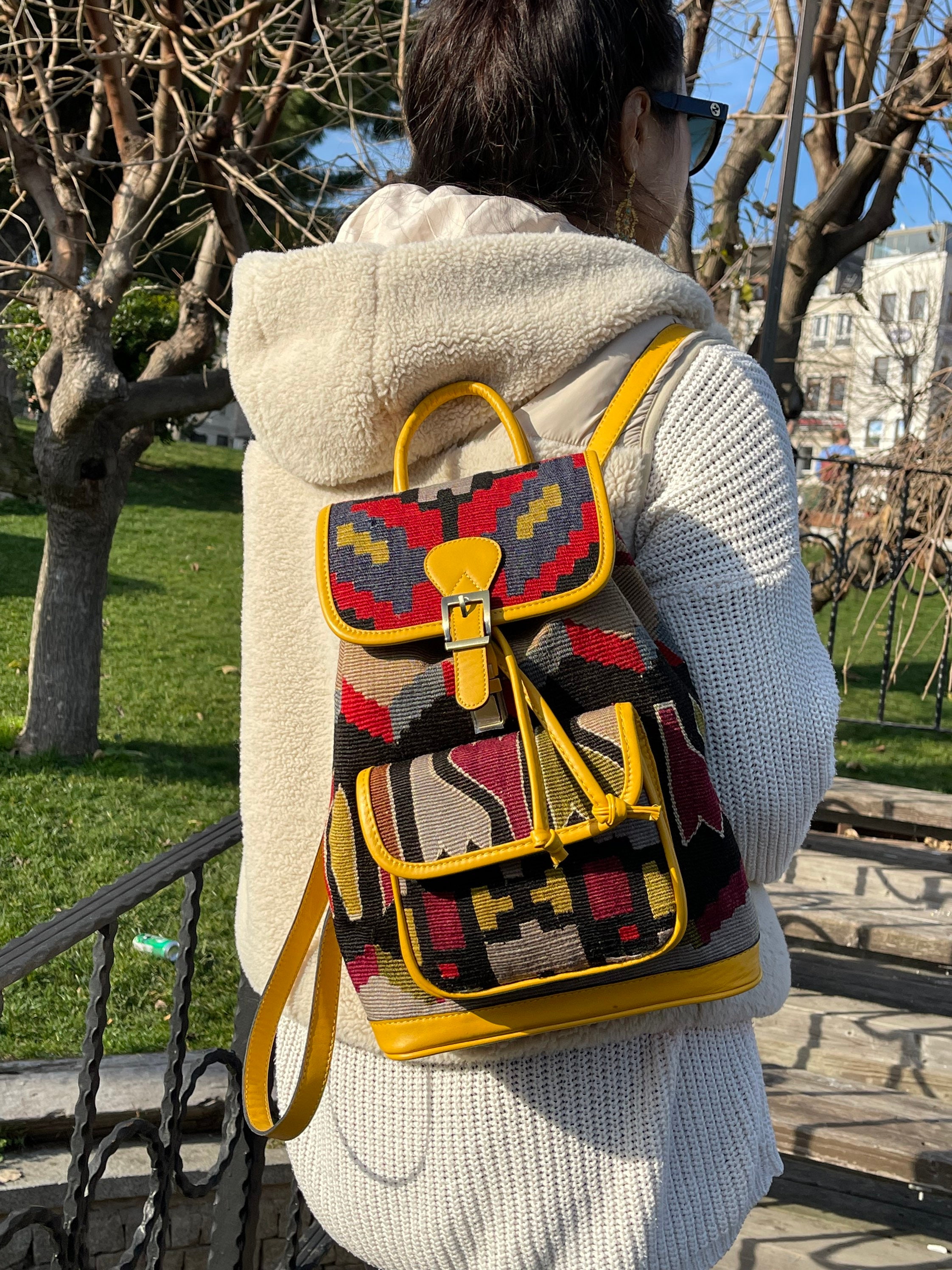 Vintage Kilim Backpack, Wool and Leather Knapsack, Unisex 
