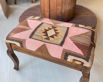 Vintage Kilim Ottoman Stool, Handmade Turkish Footstool, Beech Wood Ottoman, Hand Polished Shellac Stool, Boho Home Decor