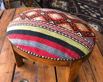kilim Ottoman stool /Kilim foot rest /Beech wood stool /Vintage furniture /Ottoman chair /Kilim oval stool/Kilim ottoman