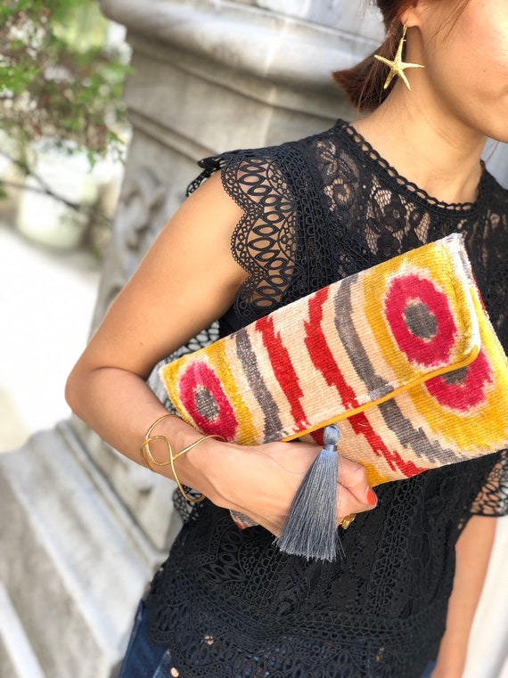 Ikat Velvet Clutch Bag With Tassel Ikat Bag Ikat Fabricsilk 