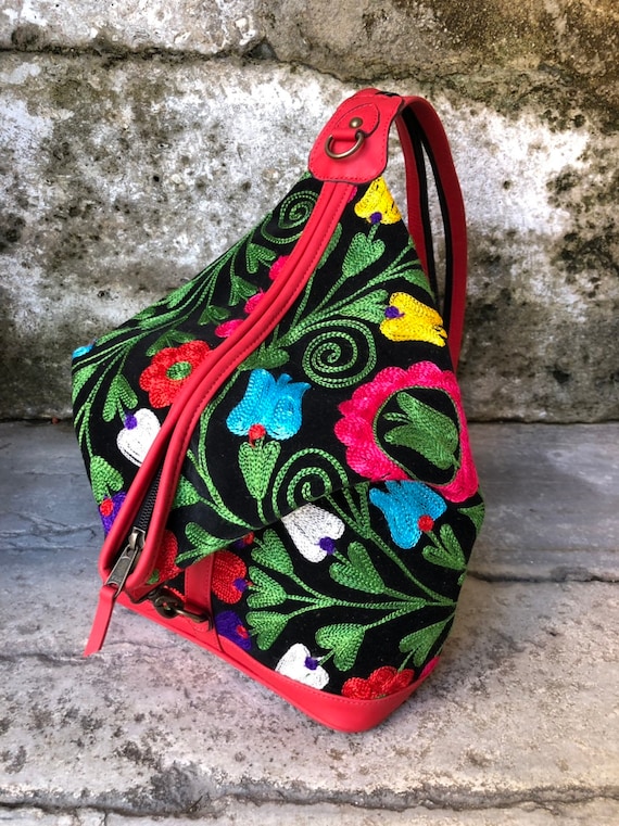 Embroidered Suzani Backpack, Leather Shoulder Bag  display picture 1