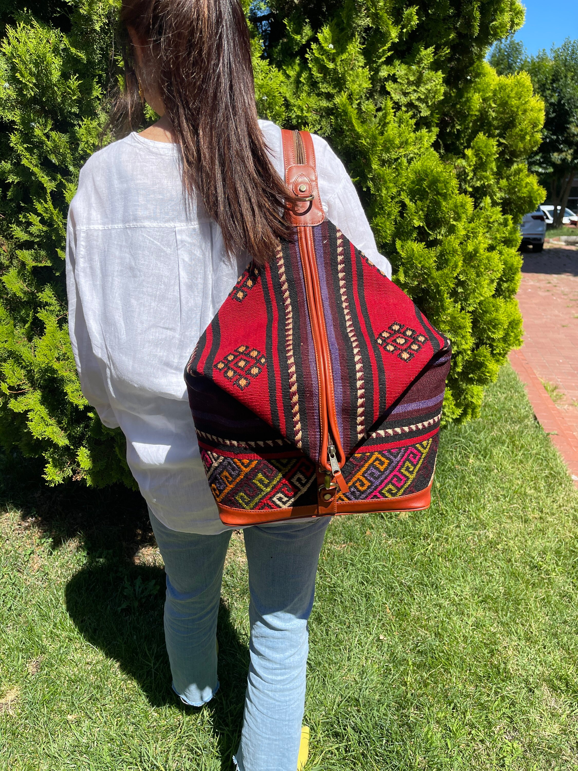 Vintage Kilim Backpack, Large Wool and Leather Bag, Unisex  display picture 3