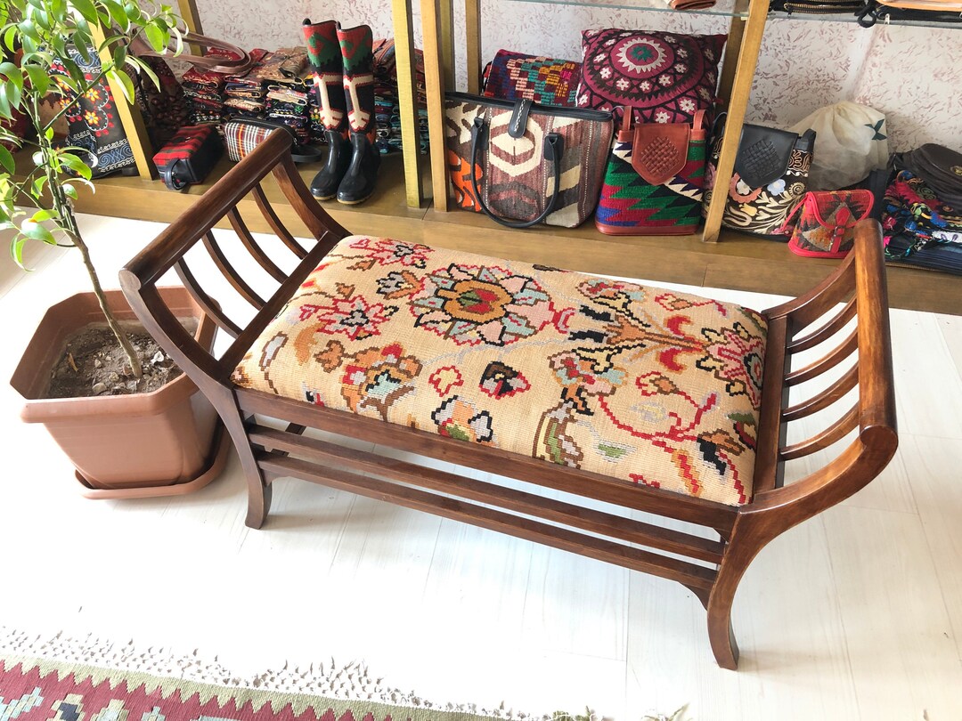 Kilim Ottoman Bench, Kilim Ottoman Stool, Kilim Pouf, Beech Wood Stool