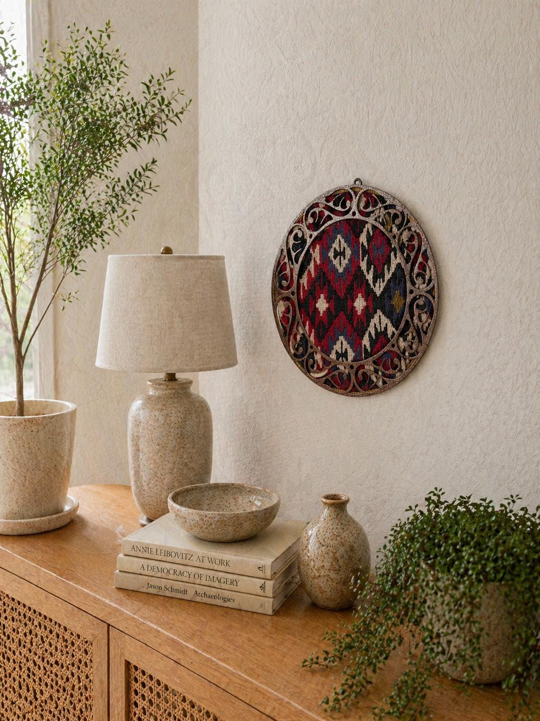 Vintage Kilim Wall Decor 35 Cm Round, Boho Rustic Wall Hanging