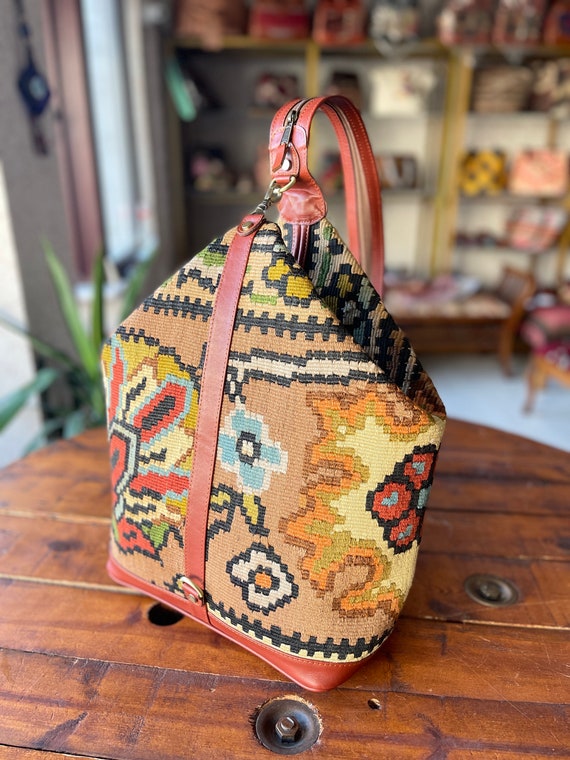 Large Kilim Backpack, Vintage Wool and Leather Knapsack - Etsy display picture 1
