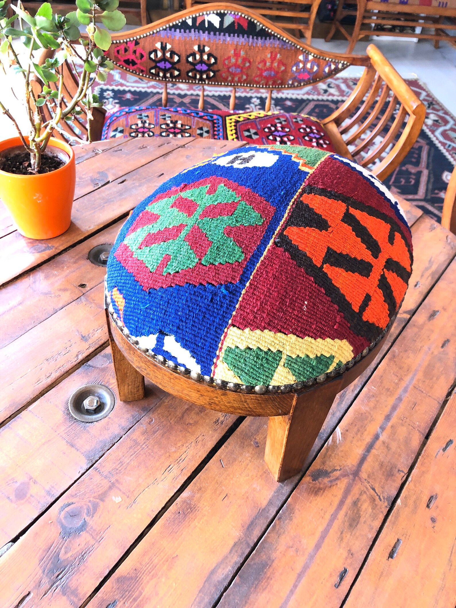 Kilim Ottoman stool /Kilim foot rest /Beech wood stool Etsy