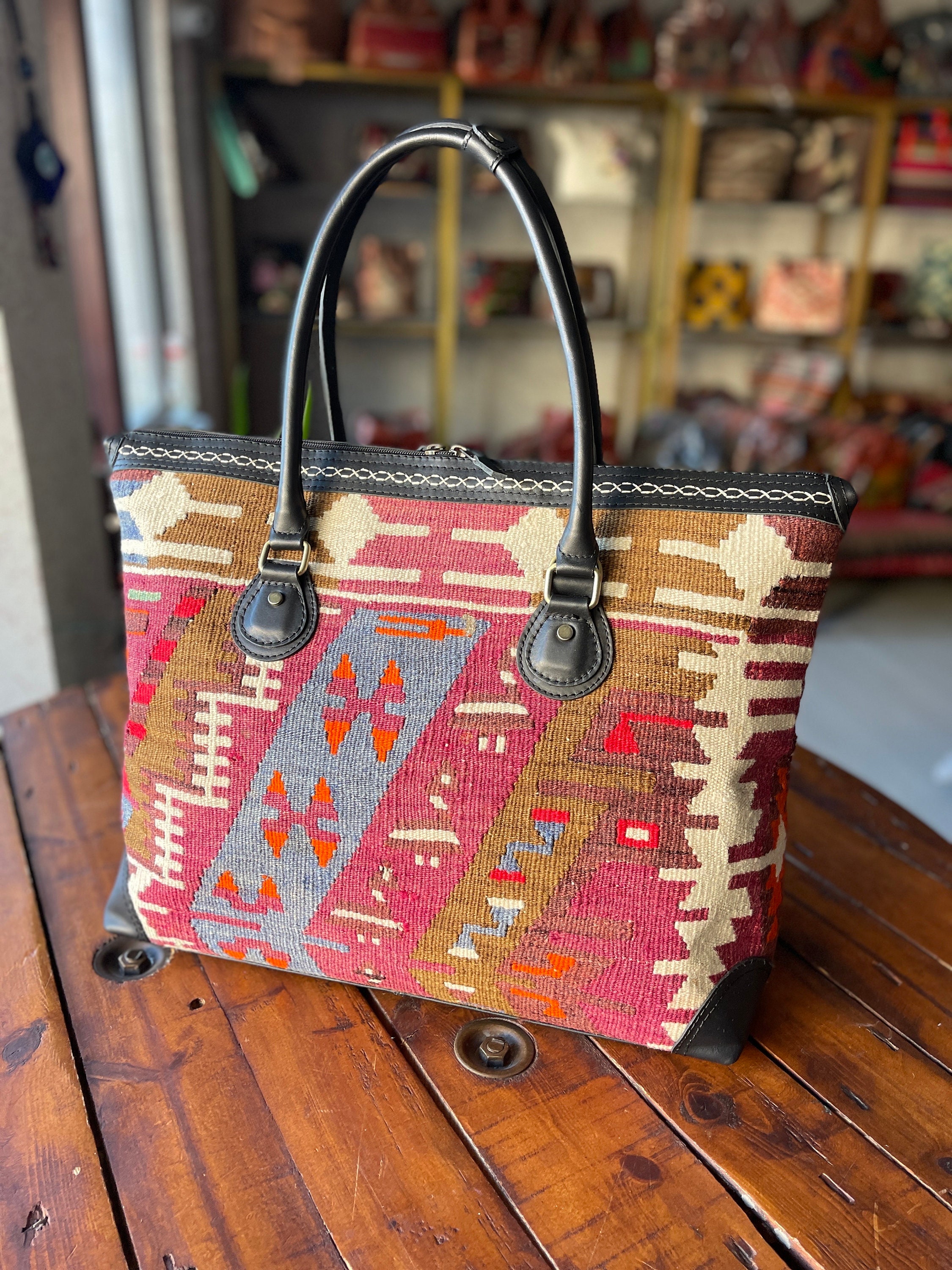 LARGE BACKPACK HAND WOVEN WOOL KILIM TOOLED LEATHER VTG SLING PURSE TOTE BAG Sally Handmade Vintage Handwoven Kilim Backpack | Handmoda main image 2