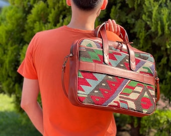 Kilim brief bag, Brief Case, Leather bag, business bag, Kilim bag, hand bag, Kilim and Genuine Leather, Gift for unisex, Christmas gift